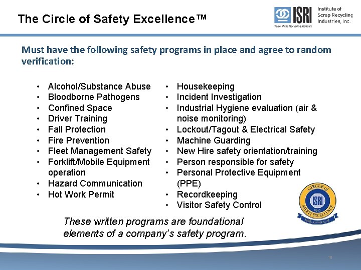 The Circle of Safety Excellence™ Must have the following safety programs in place and