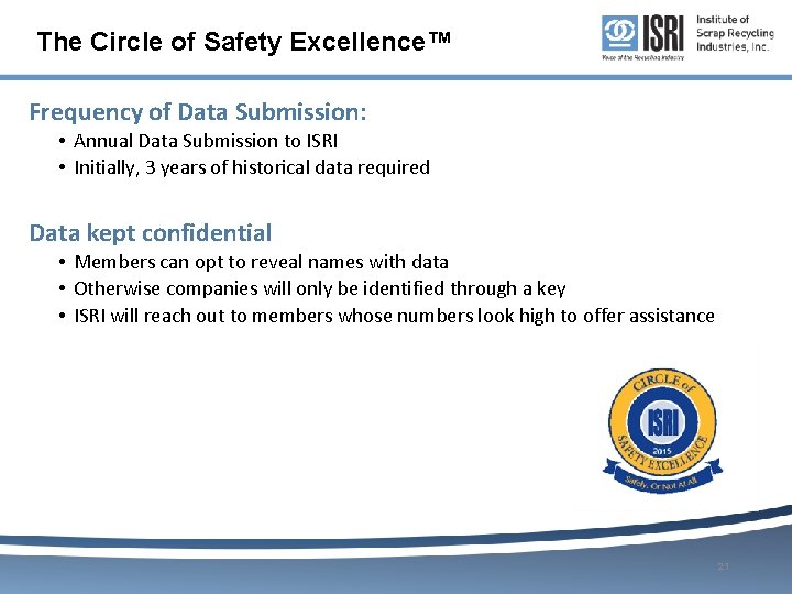 The Circle of Safety Excellence™ Frequency of Data Submission: • Annual Data Submission to