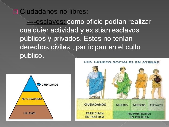 � Ciudadanos no libres: ----esclavos: como oficio podían realizar cualquier actividad y existían esclavos