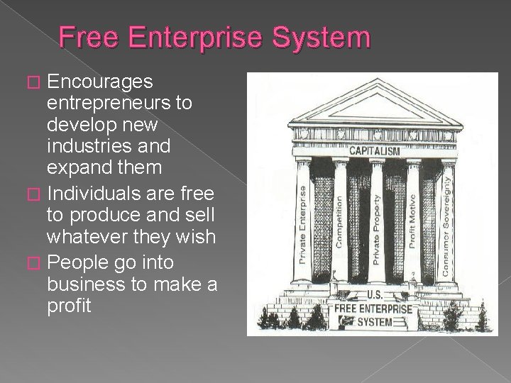 Free Enterprise System Encourages entrepreneurs to develop new industries and expand them � Individuals