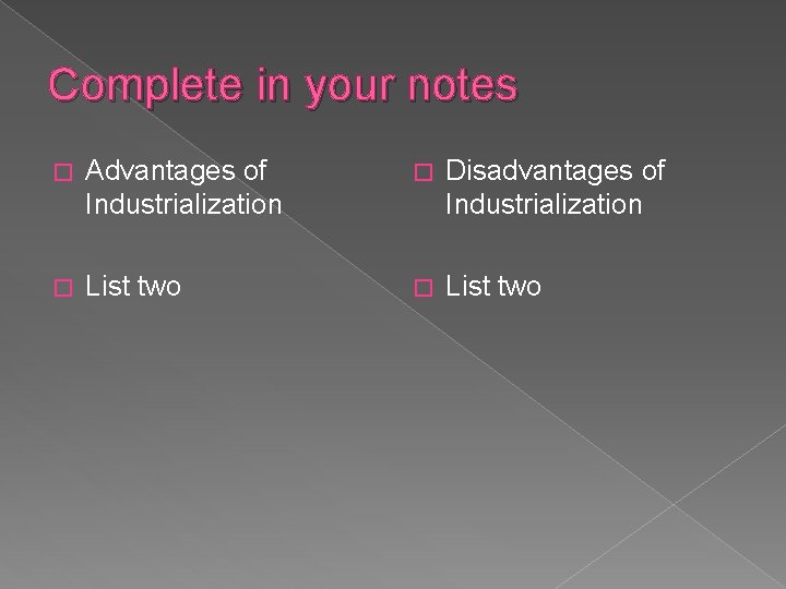 Complete in your notes � Advantages of Industrialization � Disadvantages of Industrialization � List