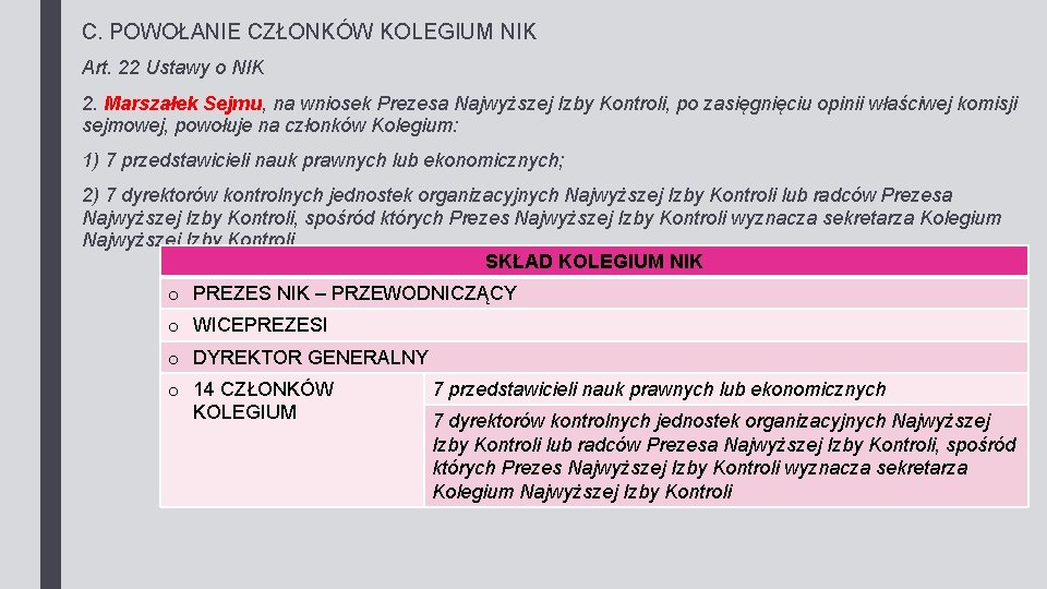 C. POWOŁANIE CZŁONKÓW KOLEGIUM NIK Art. 22 Ustawy o NIK 2. Marszałek Sejmu, na