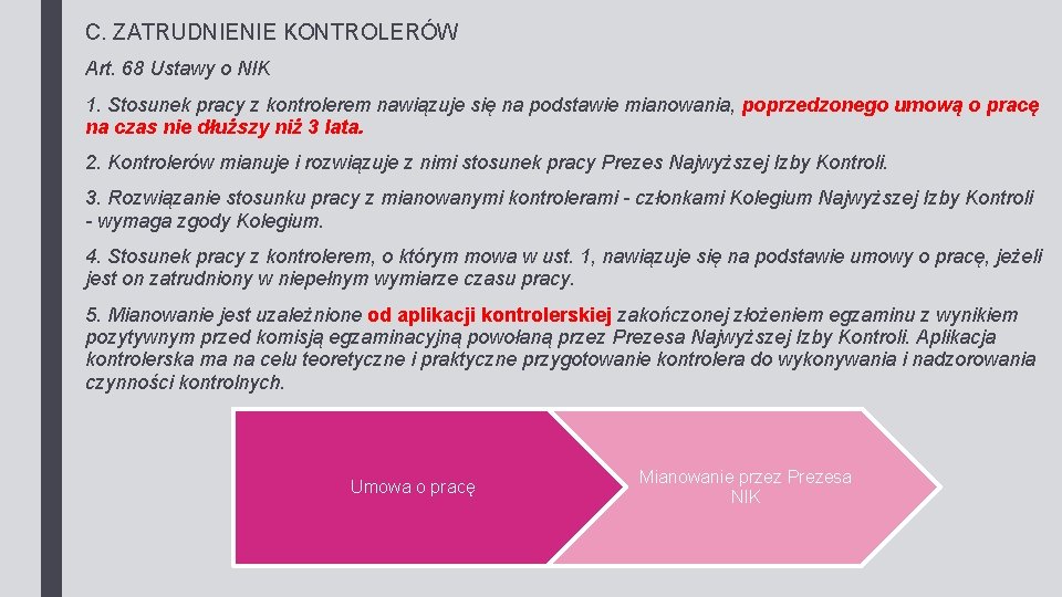 C. ZATRUDNIENIE KONTROLERÓW Art. 68 Ustawy o NIK 1. Stosunek pracy z kontrolerem nawiązuje