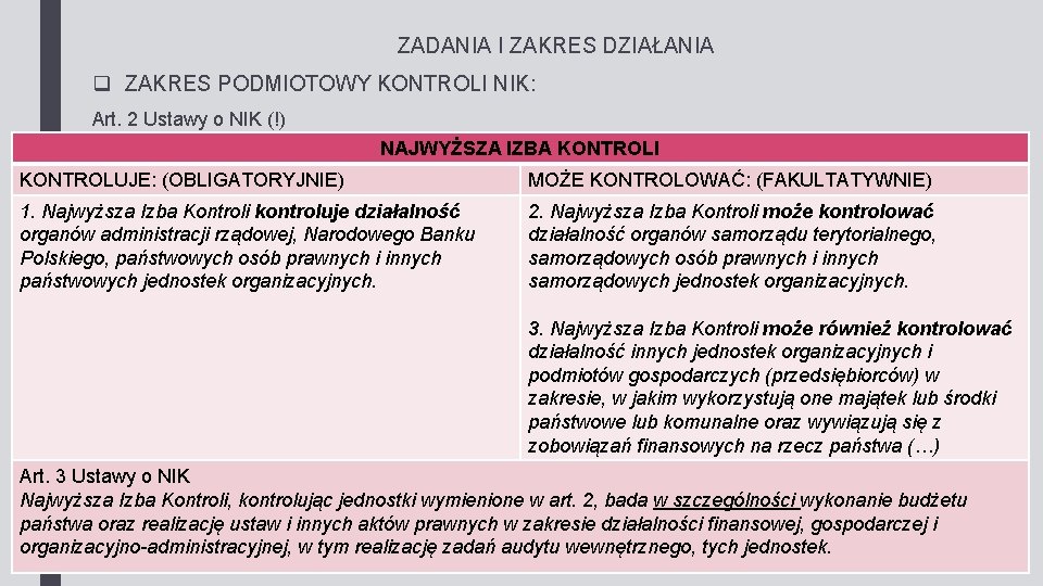 ZADANIA I ZAKRES DZIAŁANIA q ZAKRES PODMIOTOWY KONTROLI NIK: Art. 2 Ustawy o NIK