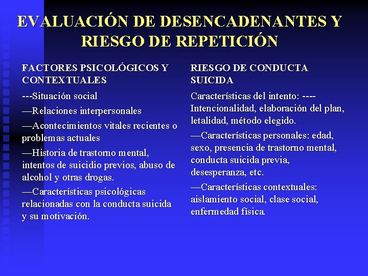 EVALUACIÓN DE DESENCADENANTES Y RIESGO DE REPETICIÓN FACTORES PSICOLÓGICOS Y CONTEXTUALES RIESGO DE CONDUCTA