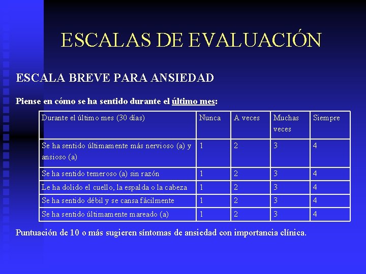 ESCALAS DE EVALUACIÓN ESCALA BREVE PARA ANSIEDAD Piense en cómo se ha sentido durante