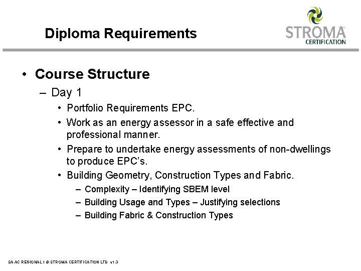 Diploma Requirements • Course Structure – Day 1 • Portfolio Requirements EPC. • Work