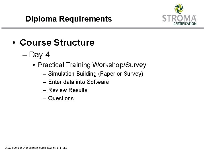 Diploma Requirements • Course Structure – Day 4 • Practical Training Workshop/Survey – –