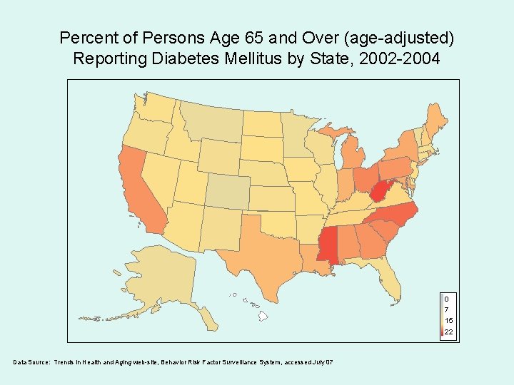 Percent of Persons Age 65 and Over (age-adjusted) Reporting Diabetes Mellitus by State, 2002