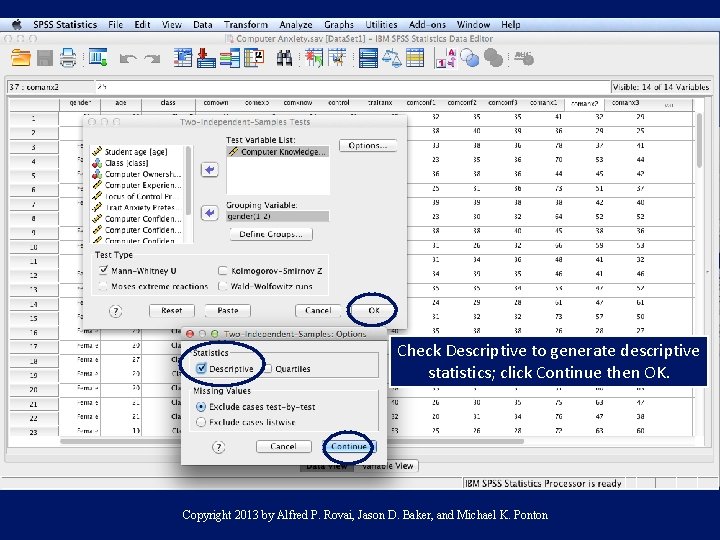 Check Descriptive to generate descriptive statistics; click Continue then OK. Copyright 2013 by Alfred