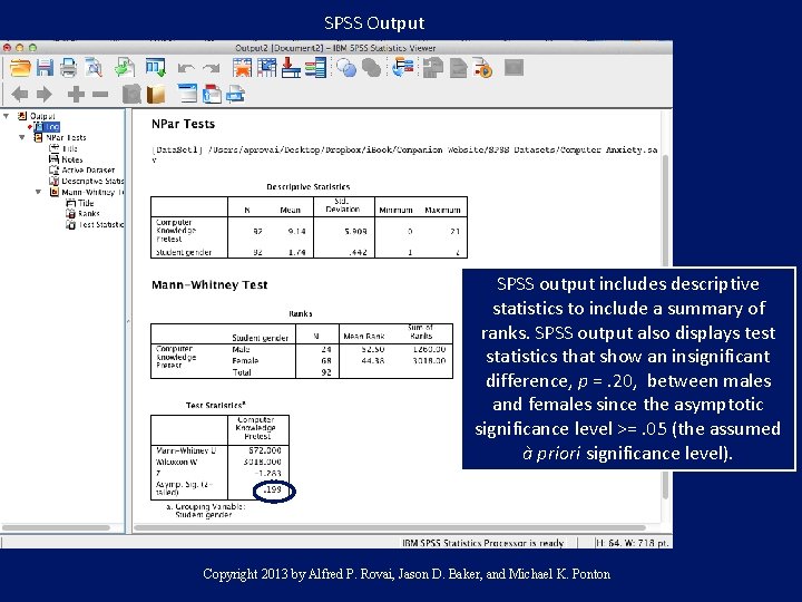 SPSS Output SPSS output includes descriptive statistics to include a summary of ranks. SPSS