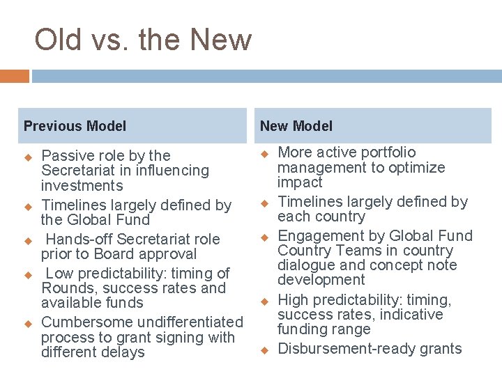 Old vs. the New Previous Model u u u Passive role by the Secretariat