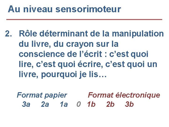 Au niveau sensorimoteur 2. Rôle déterminant de la manipulation du livre, du crayon sur