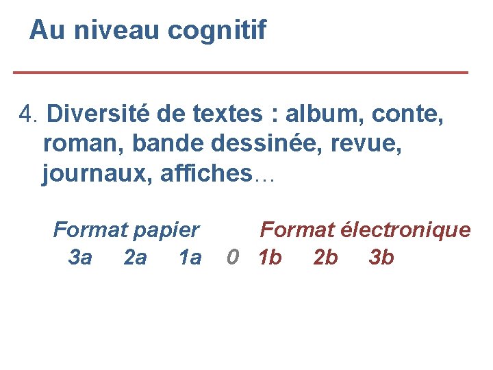 Au niveau cognitif 4. Diversité de textes : album, conte, roman, bande dessinée, revue,