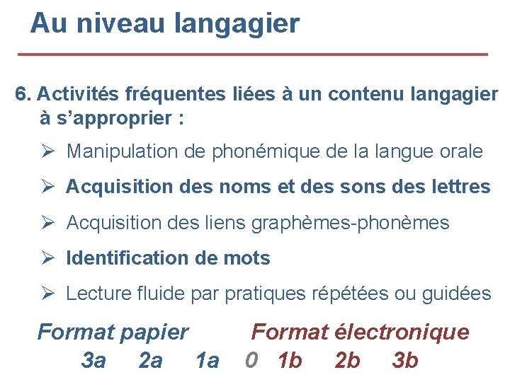 Au niveau langagier 6. Activités fréquentes liées à un contenu langagier à s’approprier :