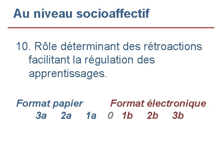 Au niveau socioaffectif 10. Rôle déterminant des rétroactions facilitant la régulation des apprentissages. Format