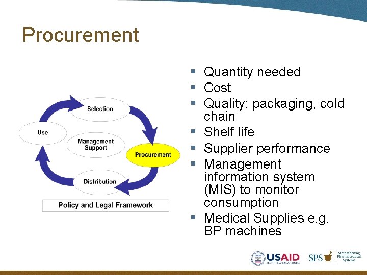 Procurement § Quantity needed § Cost § Quality: packaging, cold chain § Shelf life