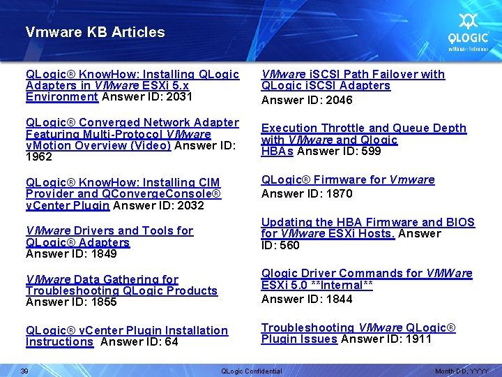 Vmware KB Articles QLogic® Know. How: Installing QLogic Adapters in VMware ESXi 5. x