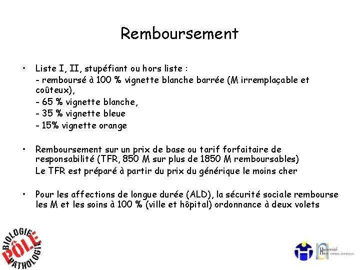 Remboursement • Liste I, II, stupéfiant ou hors liste : - remboursé à 100