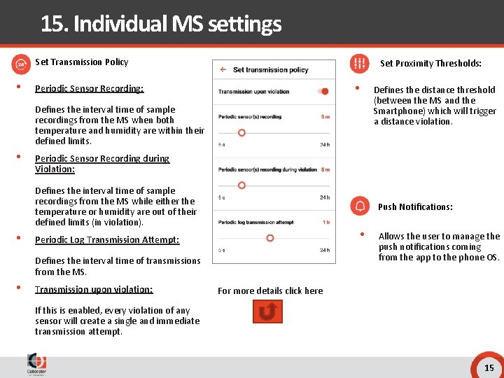 15. Individual MS settings Set Transmission Policy • Set Proximity Thresholds: • Periodic Sensor