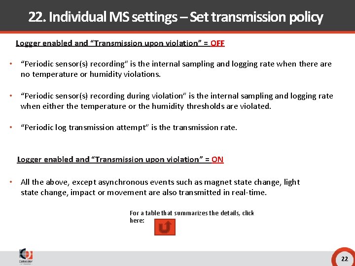 22. Individual MS settings – Set transmission policy Logger enabled and “Transmission upon violation”