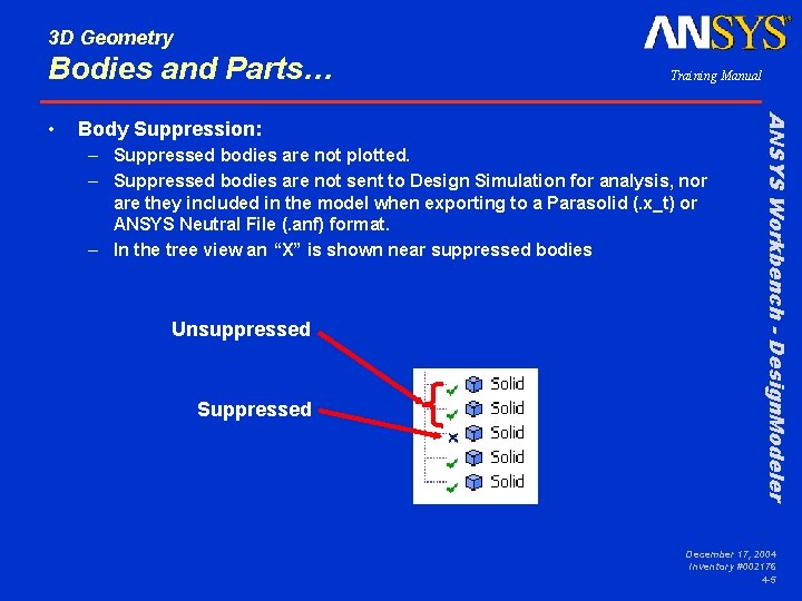 3 D Geometry Bodies and Parts… Body Suppression: – Suppressed bodies are not plotted.