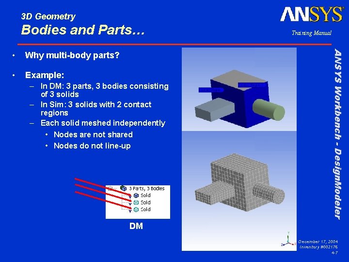 3 D Geometry Bodies and Parts… Why multi-body parts? • Example: DM – In