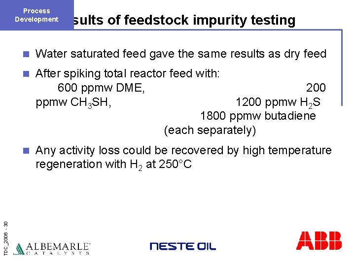 Process Development TDC_2006 - 30 Results of feedstock impurity testing n Water saturated feed