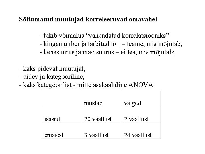 Sõltumatud muutujad korreleeruvad omavahel - tekib võimalus “vahendatud korrelatsiooniks” - kinganumber ja tarbitud toit