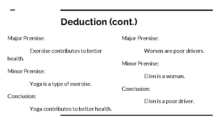 Deduction (cont. ) Major Premise: Exercise contributes to better health. Major Premise: Women are