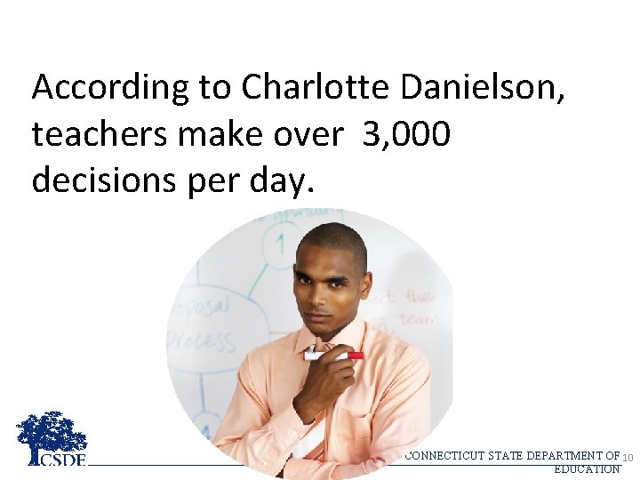 According to Charlotte Danielson, teachers make over 3, 000 decisions per day. CONNECTICUT STATE