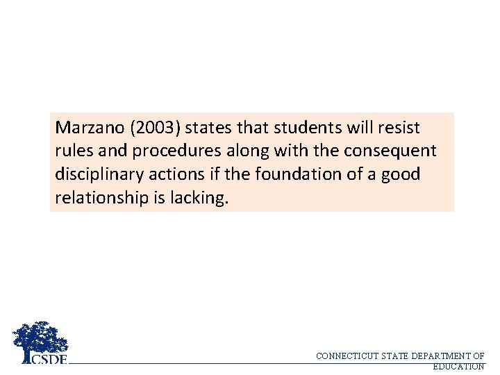 Marzano (2003) states that students will resist rules and procedures along with the consequent