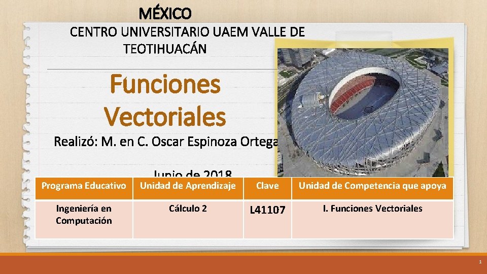 MÉXICO CENTRO UNIVERSITARIO UAEM VALLE DE TEOTIHUACÁN Funciones Vectoriales Realizó: M. en C. Oscar