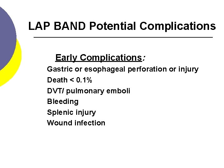 LAP BAND Potential Complications Early Complications: Gastric or esophageal perforation or injury Death <