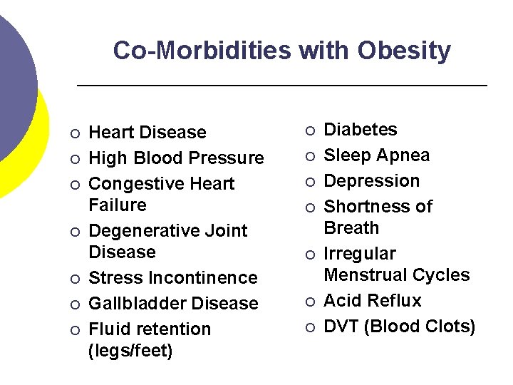 Co-Morbidities with Obesity ¡ ¡ ¡ ¡ Heart Disease High Blood Pressure Congestive Heart