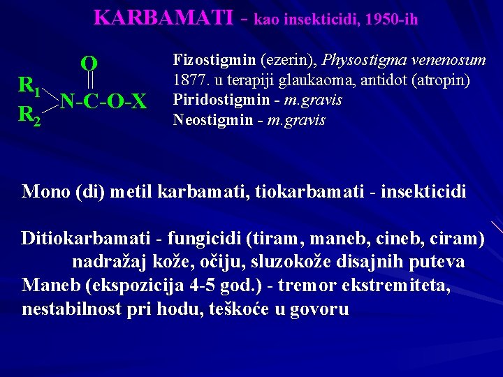 KARBAMATI - kao insekticidi, 1950 -ih O R 1 N-C-O-X R 2 Fizostigmin (ezerin),