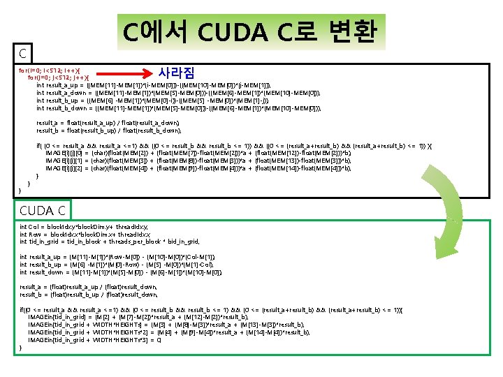 C에서 CUDA C로 변환 C 사라짐 for(i=0; i<512; i++){ for(j=0; j<512; j++){ int result_a_up