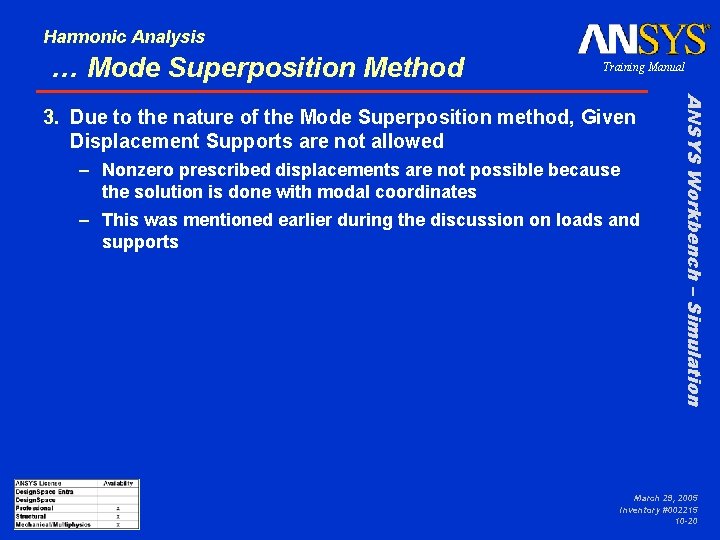 Harmonic Analysis … Mode Superposition Method Training Manual – Nonzero prescribed displacements are not