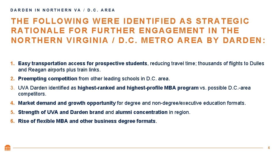 DARDEN IN NORTHERN VA / D. C. AREA THE FOLLOWING WERE IDENTIFIED AS STRATEGIC