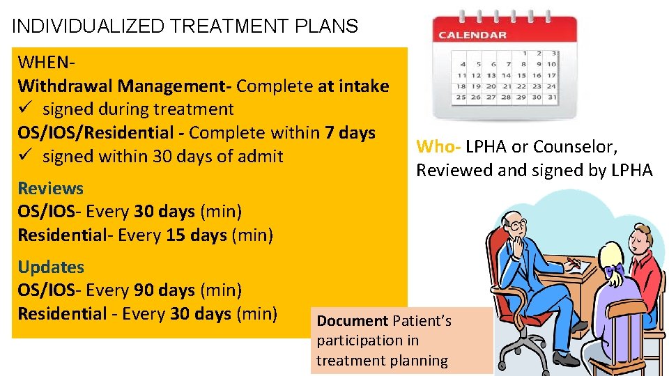INDIVIDUALIZED TREATMENT PLANS WHENWithdrawal Management- Complete at intake ü signed during treatment OS/IOS/Residential -
