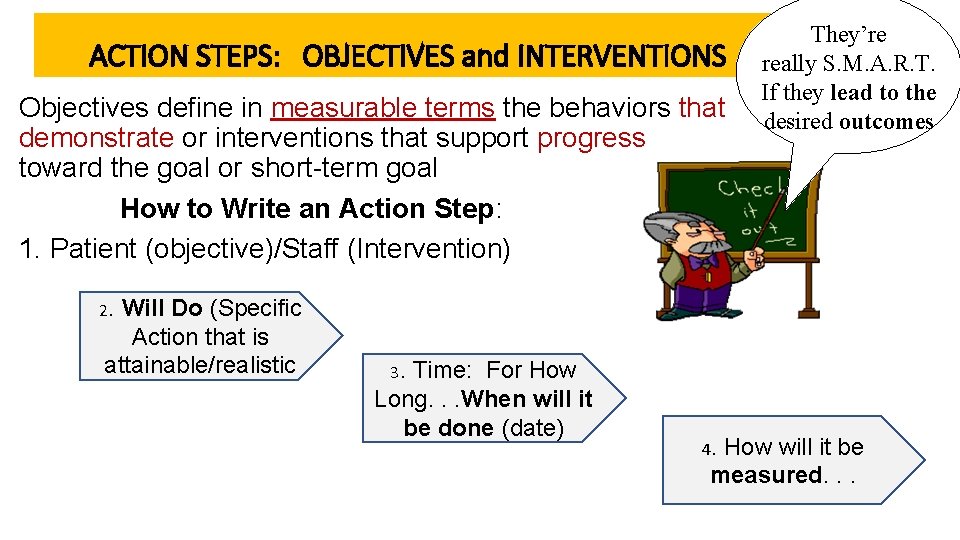 ACTION STEPS: OBJECTIVES and INTERVENTIONS Objectives define in measurable terms the behaviors that demonstrate