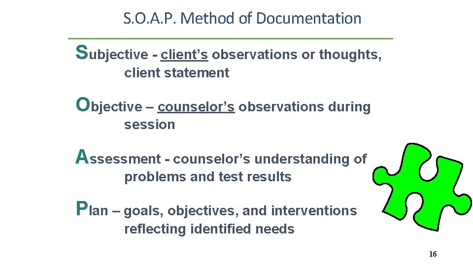 S. O. A. P. Method of Documentation Subjective - client’s observations or thoughts, client