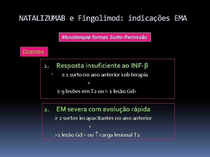 NATALIZUMAB e Fingolimod: indicações EMA Monoterapia formas Surto-Remissão Doentes: Resposta insuficiente ao INF-β 1.