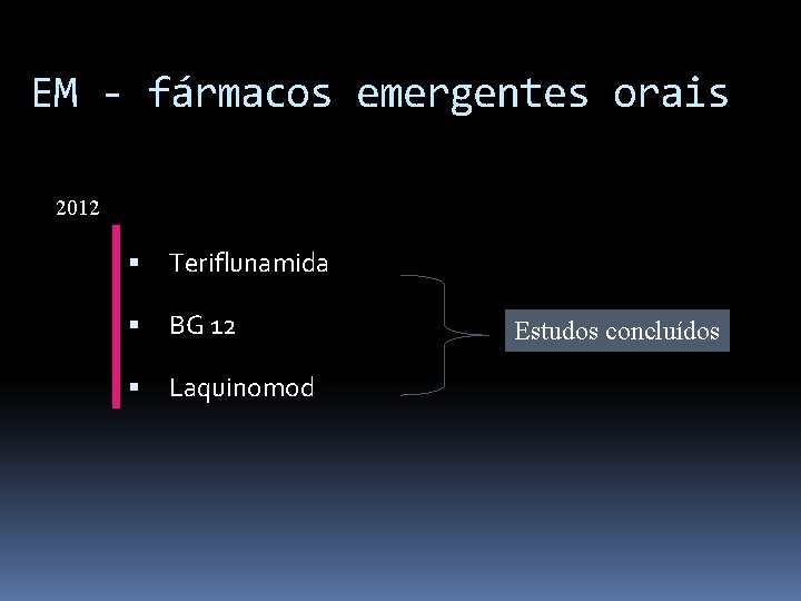 EM - fármacos emergentes orais 2012 Teriflunamida BG 12 Laquinomod Estudos concluídos 