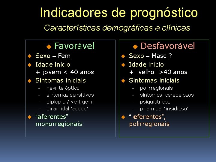 Indicadores de prognóstico Características demográficas e clínicas u u Favorável u Desfavorável Sexo –