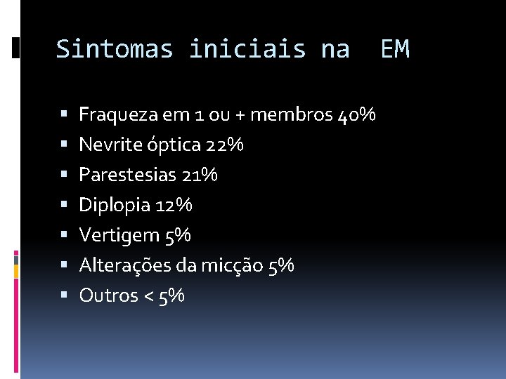 Sintomas iniciais na Fraqueza em 1 ou + membros 40% Nevrite óptica 22% Parestesias