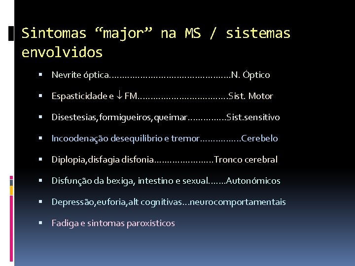 Sintomas “major” na MS / sistemas envolvidos Nevrite óptica. . . N. Óptico Espasticidade