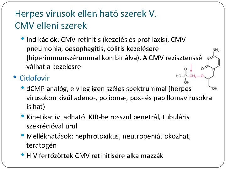 Herpes vírusok ellen ható szerek V. CMV elleni szerek • Indikációk: CMV retinitis (kezelés