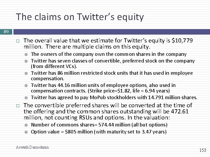 The claims on Twitter’s equity 153 The overall value that we estimate for Twitter’s