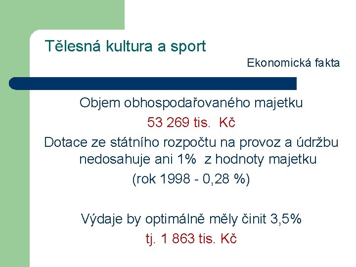 Tělesná kultura a sport Ekonomická fakta Objem obhospodařovaného majetku 53 269 tis. Kč Dotace Tělesná kultura a sport Ekonomická fakta Objem obhospodařovaného majetku 53 269 tis. Kč Dotace